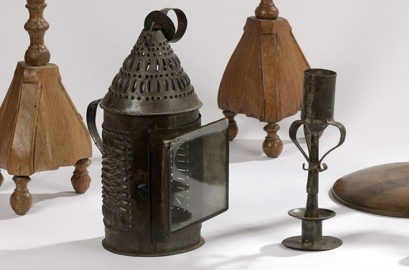 Four tin lighting fixtures including a cottage lantern,...