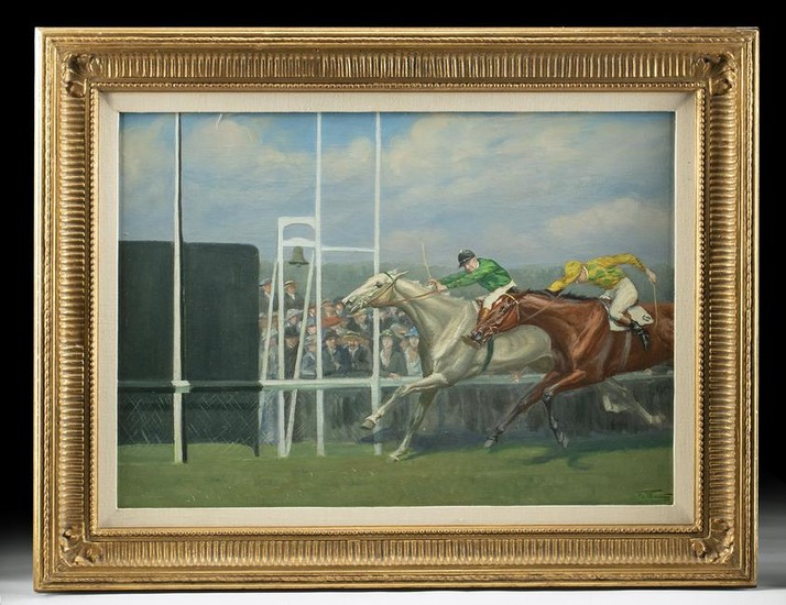 Framed & Signed British Painting of Horse Race (1924)