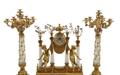 French Dore Bronze and Cut Crystal Clock Garniture Set.