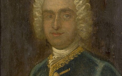 French School, 18th Century- Portrait of a gentleman, quarter-length, turned to the right in a blue coat; oil on canvas, 60.5 x 50.2 cm.