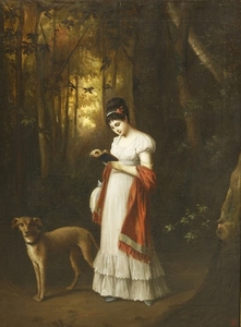 French School, early 19th century A YOUNG WOMAN STANDING READING A BOOK IN A WOOD, HER DOG BESIDE ...
