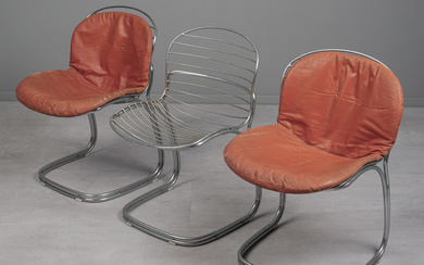GASTONE RINALDI. for Rima, three chairs/dining room chairs, steel, chrome-plated, leather, 1970s, Italy (3).