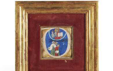 GOD APPEARING TO A PROPHET, historiated initial ‘O’ cut from a choirbook on vellum illuminated by Niccolò di Giacomo da Bologna [Bologna, c.1390]