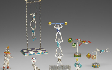 Gene Moore for Tiffany & Co., Group of silver and enamel circus figures: Acrobats, bear, seal, and clown