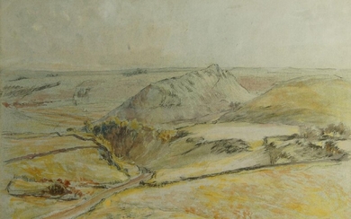 George Butler RWS, British 1904-1999- Chrome Hill, Buxton,1968; charcoal, watercolour, and bodycolour on paper, signed and dated lower right, titled lower left, 16.3 x 40 cm (ARR)