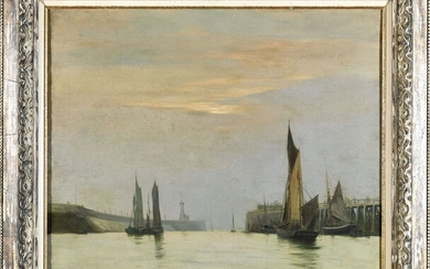 Georges RICARD CORDINGLEY (1873-1939) "Entrée du port de Boulogne" Huile sur toile signée et datéee...