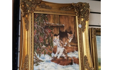 Gilt Framed Modern Print On Canvas Of Cats At The Front Door