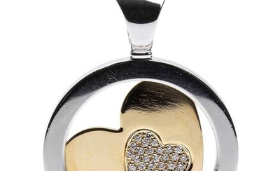 Gold and diamond pendant - manifacture BULGARI 18k yellow gold and steel, depicting two hearts,...