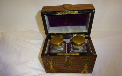 Good Victorian walnut and brass decorated box containing two...