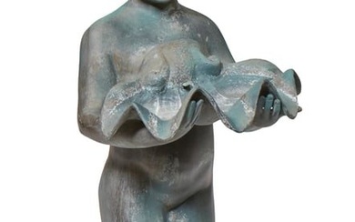 Green Patinated Bronze Fountain Figure, 20th c., H.- 38 in., W.- 14 in., D.- 14 in.