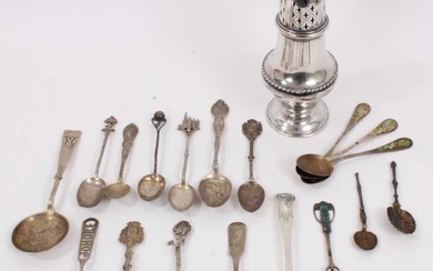 Group of silver and white metal spoons and a silver sugar sifter