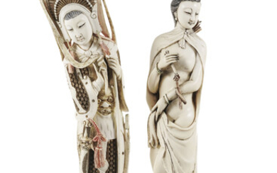 Guerrière et femme se dévoilant, 2 sculptures en ivoire avec rehauts de polychromie, Chine, première moitié du XXe s., solidaires à un