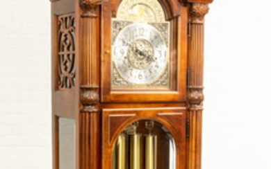 HOWARD MILLER, CARVED MAHOGANY GRANDFATHER CLOCK, H 7'10" W 2'6" D 1'4"
