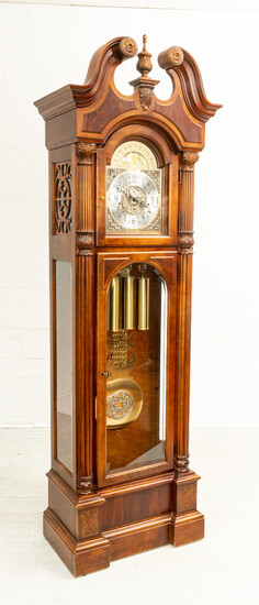 HOWARD MILLER, CARVED MAHOGANY GRANDFATHER CLOCK, H 7'10" W 2'6" D 1'4"
