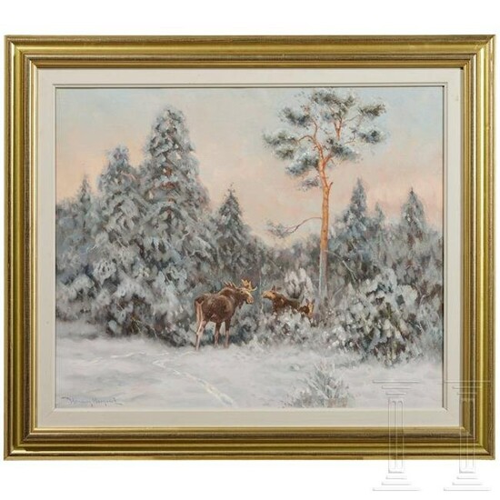 Henning Hougaard (1922-95), a painting "Moose in Winter