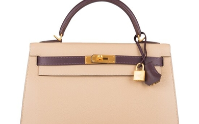 Hermès Horseshoe Stamp (HSS) Bicolor Trench and Raisin Sellier Kelly 32cm of Epsom Leather with Brushed Gold Hardware