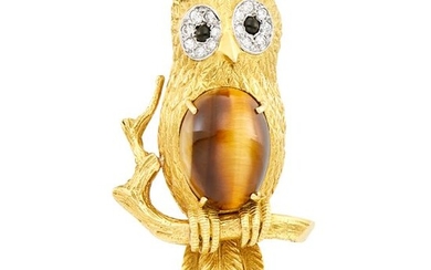 Hermès Paris Gold, Platinum, Tiger's Eye, Black Onyx and Diamond Owl Clip-Brooch