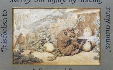 Howitt Aesops Fables Watercolor of Bears and Bees