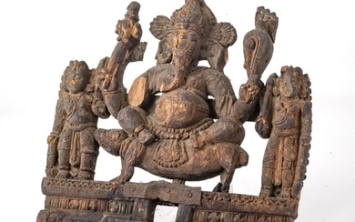 INDIA CARVED WOOD GANESHA WITH PIGMENT, 19TH CENTURY H 11" W 11"