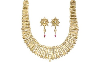 Indian Gold, Foil-Backed Diamond, Ruby Bead and Jaipur Enamel Necklace and Pair of Pendant-Earrings