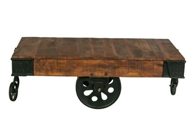Industrial Iron Wooden Railroad Cart Coffee Table