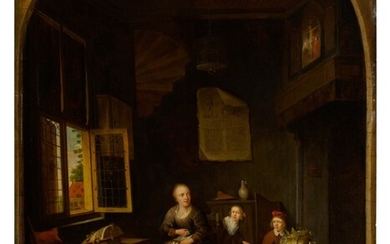 Interior of a kitchen with a seated woman peeling onions, a child hiding behind her, and a child holding a cabbage on a barrel, Jacob van Spreeuwen