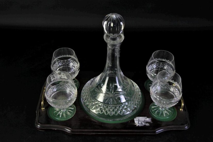 Irish Galway Crystal Ships Decanter, With A Set of Four Galway Brandy Glasses On A Tray (Decanter H: 28cm Tray L 53cm)