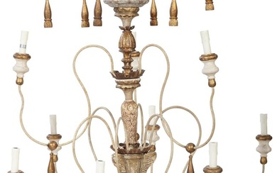 Italian Style Polychromed Wood and Iron Nine Light Chandelier, 20th c., H.- 52 in., Dia.- 48 in.