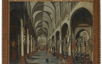 JAN BAPTIST VAN MEUNINCXHOVE (BRUGES 1620/1625-1703), Intérieur d'église animé de personnages