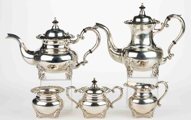 JAPANESE EXPORT 0.950 SILVER FIVE-PIECE COFFEE AND TEA SERVICE