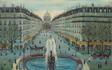 JEAN BUSQUETS (1895-1962). La rue Soufflot, le Panthéon, Paris, c. 1950. Huile sur toile, signée...