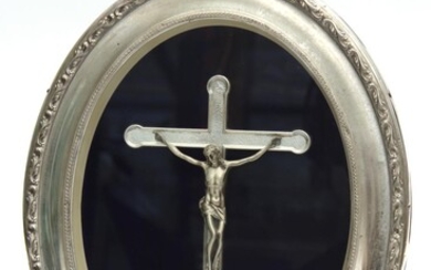JESUS ON CROSS 800 SILVER IN OVAL FRAME ALSO 800 SILVER, 31 CM HIGH