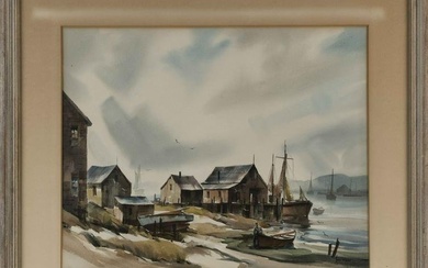 JOHN CUTHBERT HARE (Massachusetts/Florida, 1908-1978), Fishing village with pier., Watercolor on