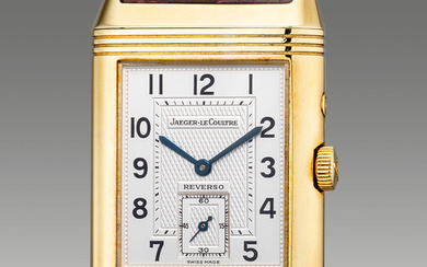 Jaeger-LeCoultre, Ref. 270.1.54 A fine yellow gold rectangular-shaped dual time reversible wristwatch with dual dial, small seconds, day and night indication, warranty and presentation box