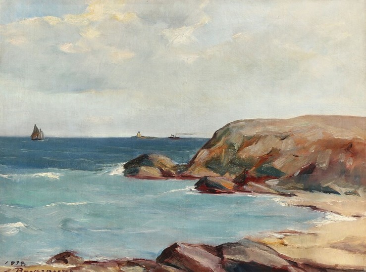 Jalmari Ruokokoski: A view of a rocky coast with a lighthouse in the distance. Signed and dated J. Ruokokoski 1934. Oil on canvas. 39×51 cm.