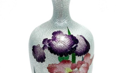 Japanese Blue Pink Purple Ginbari Cloisonne Flowers Enamel Vase, Meiji Period