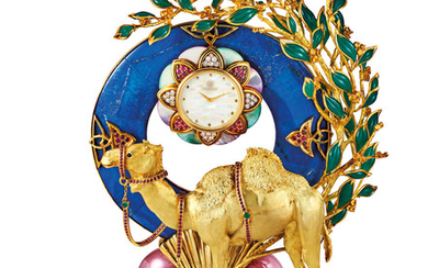 Jean & Pierre Bellin. A Fine and Unique Yellow Gold, Ruby, Emerald, Diamond, Yellow Sapphire, Lapis Lazuli and Mother-of-Pearl Set Camel Clock
