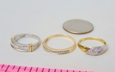 Jewelry. (3) Diamond gold bands. 15 small diamonds size 9, hallmark 14kt, 2.20 grams. white & yellow