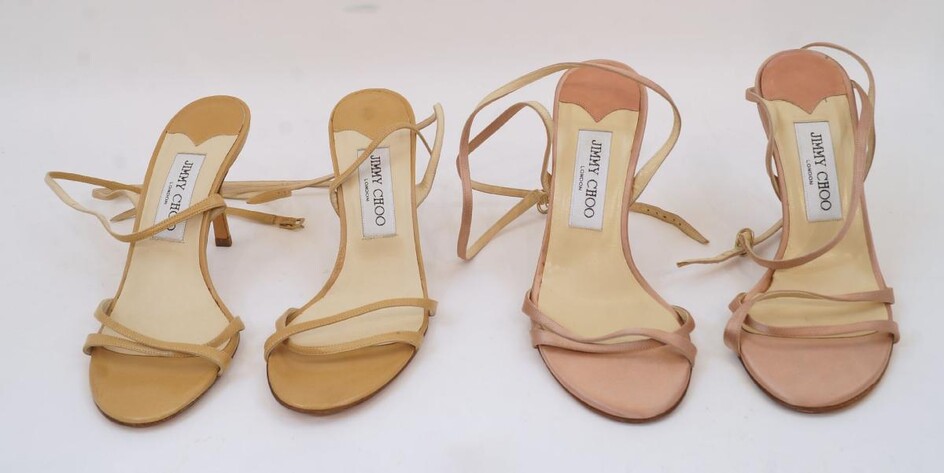 Jimmy Choo: a pair of peach / rose gold satin strappy heels, size '37' with replaced strap and heel, fabric logo to the insole and stamped to the underside, together with a similar pair of tan strappy heels, with replaced strap and heel (2)