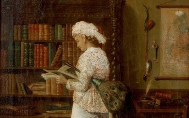 John.D. Stevens (1793 - 1868). A servant girl in a library.