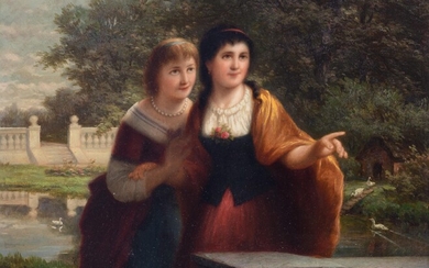 Josef Correns (1814-1907), two ladies in the park, oil on panel, 38,5 x 46,5 cm