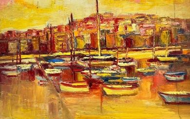 Josine Vignon Marseille Harbour 1960s French Impressionist Oil...