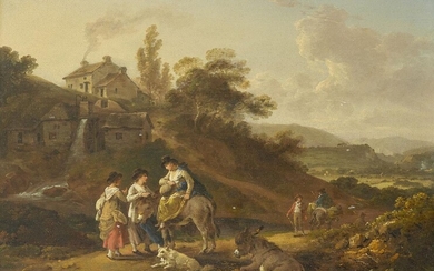 Julius Caesar Ibbetson, British 1759-1817- A wayside conversation in a rural landscape, a dog and donkey in the foreground; oil on canvas, signed and dated '1798' (lower right), 30 x 41 cm. Provenance: With Leger Galleries, London; With Lowell...