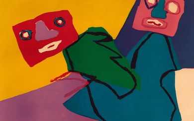 KAREL APPEL, (1921 - 2006), Deux Personages, 1969, colour lithograph, ed. 51/85, 50 x 64 cm. (19.6 x 25.2 in.), frame: 80 x 92 x 3 cm. (31 1/2 x 36.2 x 1.1 in.)
