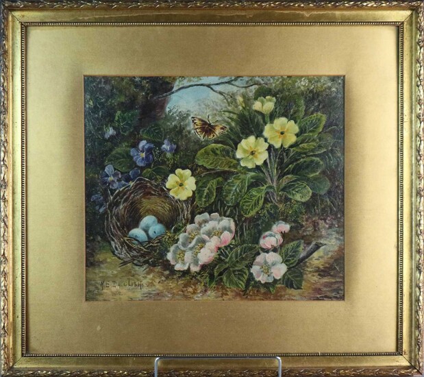 K.E. Dalglish (20th Century) Two Still Life Studies of Nest Eggs with border flowers
