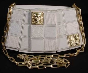KieselStein-Cord White Alligator, Snakeskin, Leather, and Suede Clutch Evening Bag with Gold Geometric Egyptian Design.
