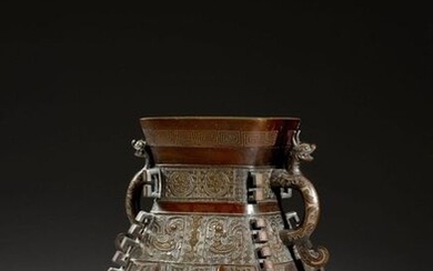 LARGE FANGHU VASE IN BRONZE AND SILVER INLAID, China, Qing...