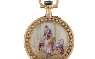 LECOULTRE & CO. | A LADY'S GOLD, ENAMEL AND PEARL-SET PENDANT WATCH CIRCA 1900