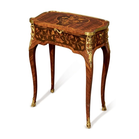 LOUIS XV GILT BRONZE-MOUNTED KINGWOOD, TULIPWOOD AND FRUITWOOD MARQUETRY AND PARQUETRY TABLE À ÉCRIRE IN THE MANNER OF GILLES JOUBERT, CIRCA 1765