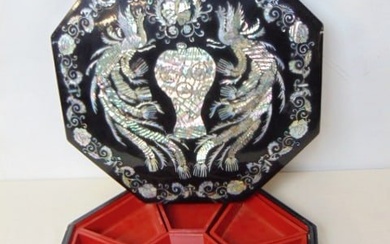 Lacquered tray with mother of pearl lid, has 9 small compartments inside, 11.75" by 11.75", lid